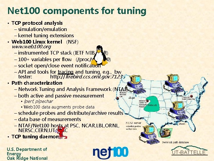 Net 100 components for tuning • TCP protocol analysis – simulation/emulation – kernel tuning