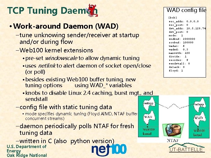 TCP Tuning Daemon • Work-around Daemon (WAD) – tune unknowing sender/receiver at startup and/or