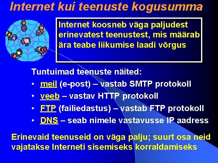 Internet kui teenuste kogusumma Internet koosneb väga paljudest erinevatest teenustest, mis määrab ära teabe