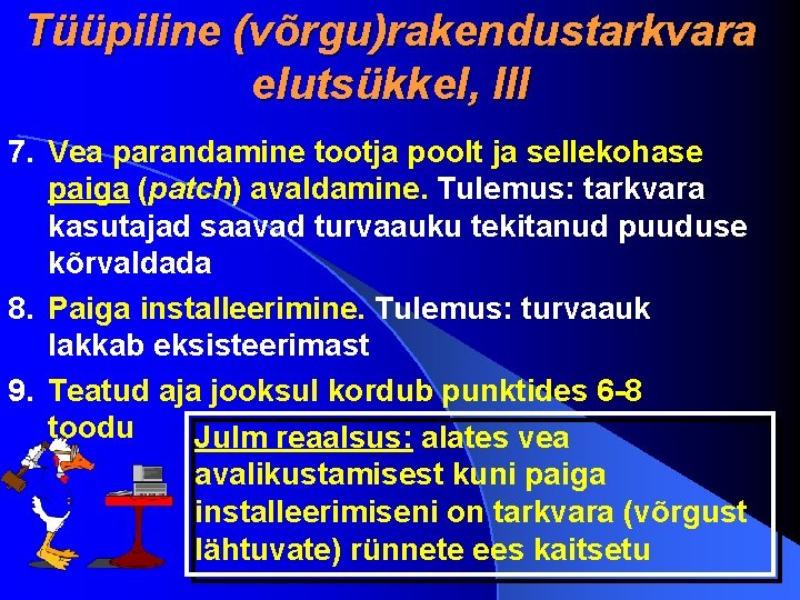 Tüüpiline (võrgu)rakendustarkvara elutsükkel, III 7. Vea parandamine tootja poolt ja sellekohase paiga (patch) avaldamine.