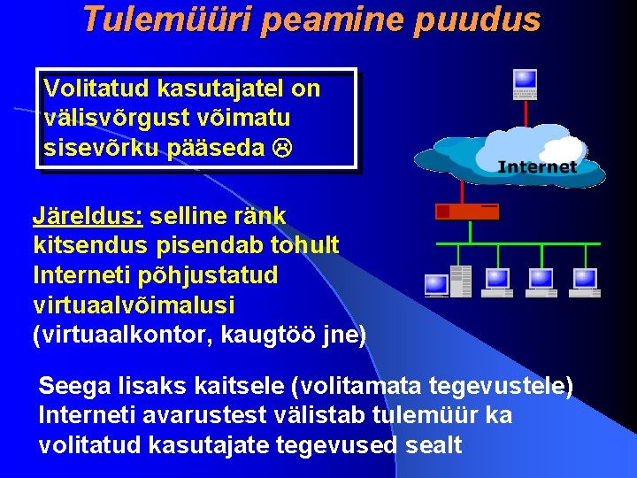 Tulemüüri peamine puudus Volitatud kasutajatel on välisvõrgust võimatu sisevõrku pääseda Järeldus: selline ränk kitsendus