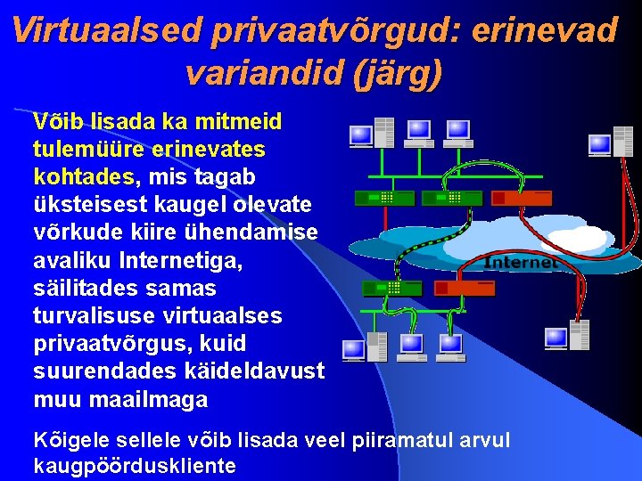 Virtuaalsed privaatvõrgud: erinevad variandid (järg) Võib lisada ka mitmeid tulemüüre erinevates kohtades, mis tagab