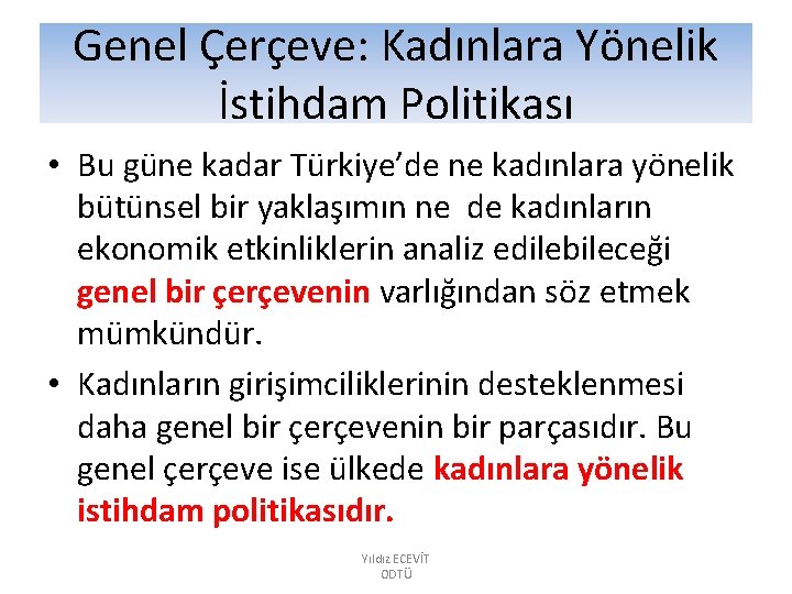 Genel Çerçeve: Kadınlara Yönelik İstihdam Politikası • Bu güne kadar Türkiye’de ne kadınlara yönelik