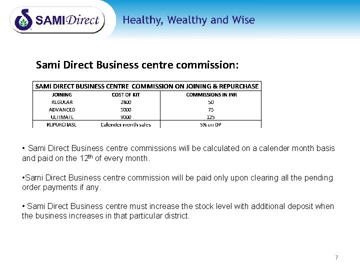 Sami Direct Business centre commission: • Sami Direct Business centre commissions will be calculated