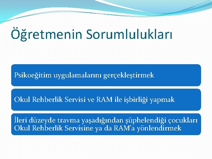 Öğretmenin Sorumlulukları Psikoeğitim uygulamalarını gerçekleştirmek Okul Rehberlik Servisi ve RAM ile işbirliği yapmak İleri