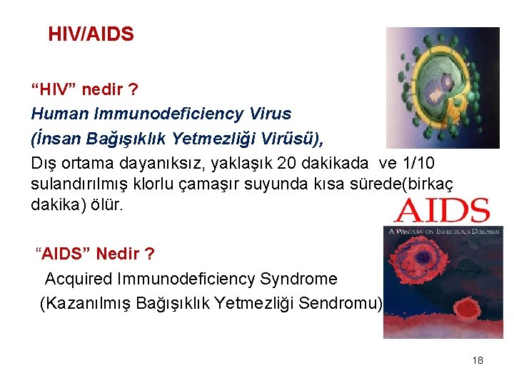 HIV/AIDS “HIV” nedir ? Human Immunodeficiency Virus (İnsan Bağışıklık Yetmezliği Virüsü), Dış ortama dayanıksız,