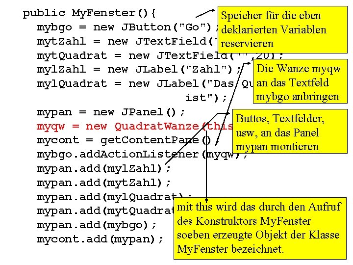 public My. Fenster(){ Speicher für die eben mybgo = new JButton("Go"); deklarierten Variablen myt.