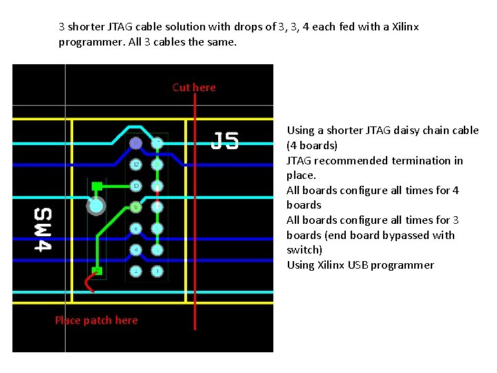 3 shorter JTAG cable solution with drops of 3, 3, 4 each fed with