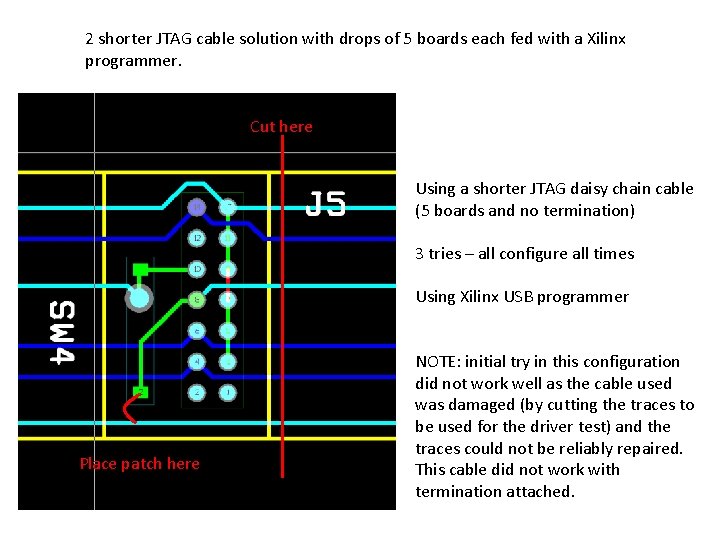 2 shorter JTAG cable solution with drops of 5 boards each fed with a