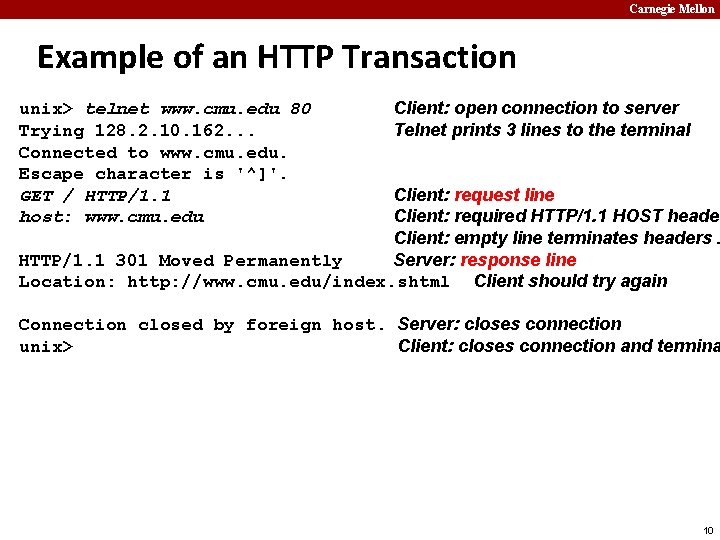 Carnegie Mellon Example of an HTTP Transaction unix> telnet www. cmu. edu 80 Trying