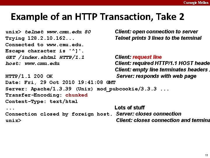 Carnegie Mellon Example of an HTTP Transaction, Take 2 unix> telnet www. cmu. edu