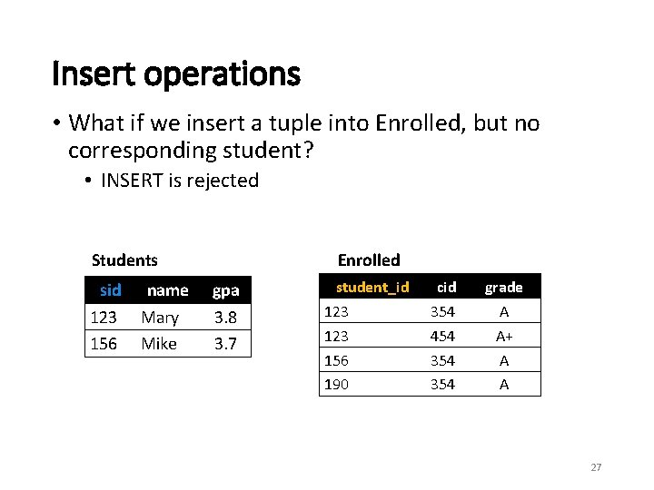 Insert operations • What if we insert a tuple into Enrolled, but no corresponding