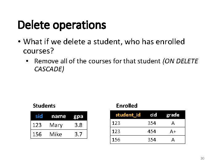 Delete operations • What if we delete a student, who has enrolled courses? •