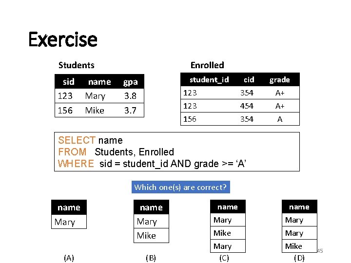 Exercise Students sid 123 156 name Mary Mike Enrolled student_id 123 156 gpa 3.