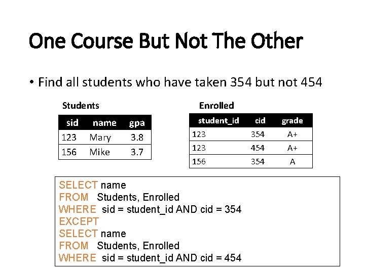 One Course But Not The Other • Find all students who have taken 354