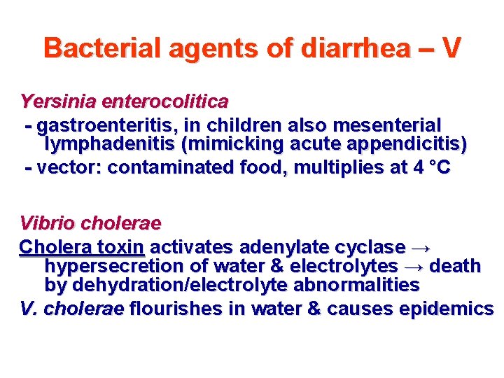 Bacterial agents of diarrhea – V Yersinia enterocolitica - gastroenteritis, in children also mesenterial