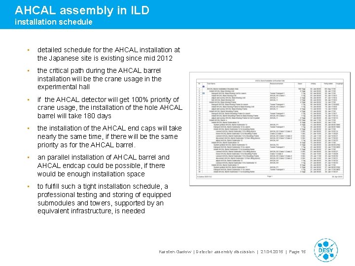 AHCAL assembly in ILD installation schedule • detailed schedule for the AHCAL installation at