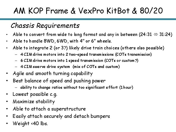 AM KOP Frame & Vex. Pro Kit. Bot & 80/20 Chassis Requirements • •