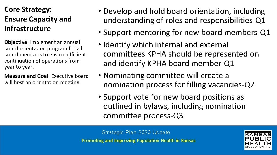 Core Strategy: Ensure Capacity and Infrastructure Objective: Implement an annual board orientation program for