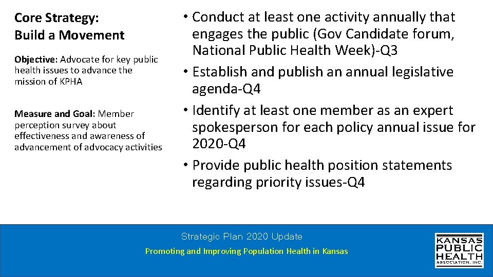 Core Strategy: Build a Movement Objective: Advocate for key public health issues to advance