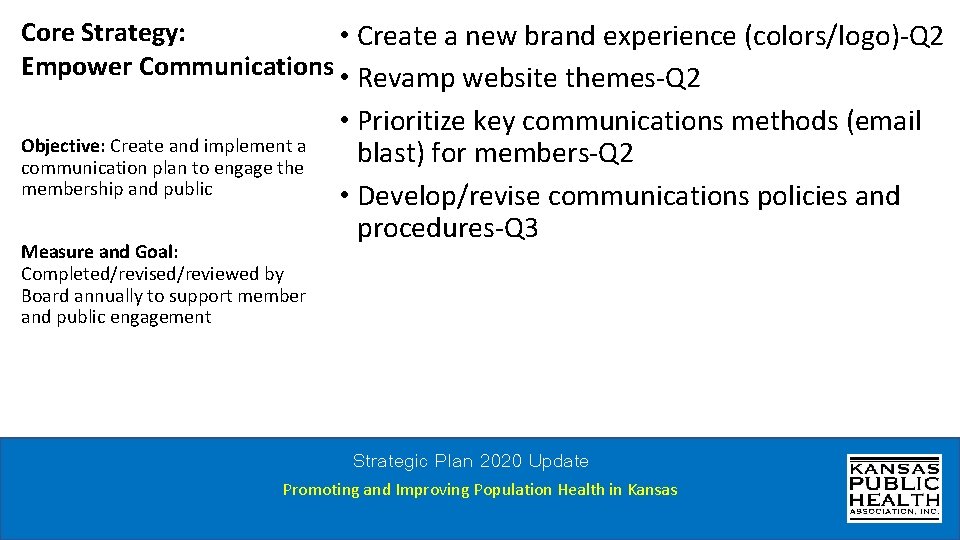Core Strategy: • Create a new brand experience (colors/logo)-Q 2 Empower Communications • Revamp