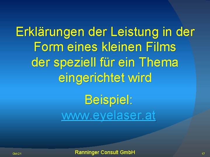 Erklärungen der Leistung in der Form eines kleinen Films der speziell für ein Thema