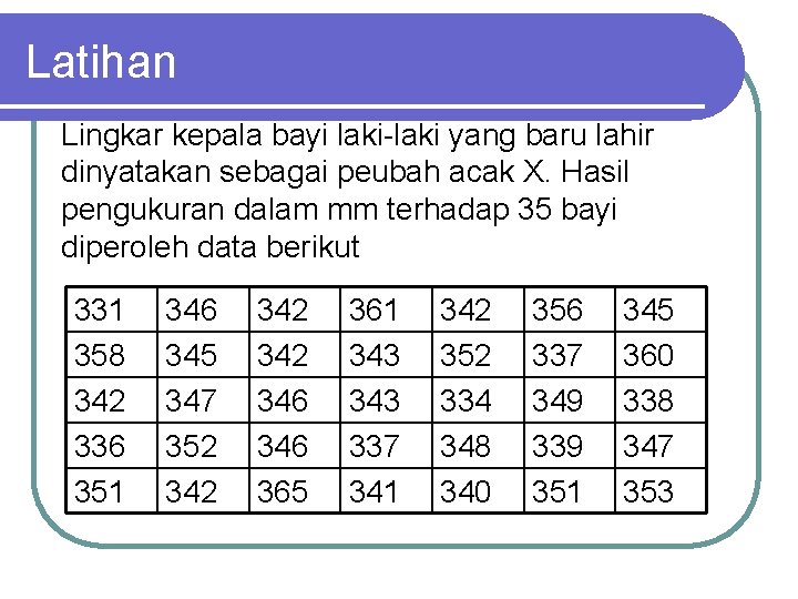 Latihan Lingkar kepala bayi laki-laki yang baru lahir dinyatakan sebagai peubah acak X. Hasil