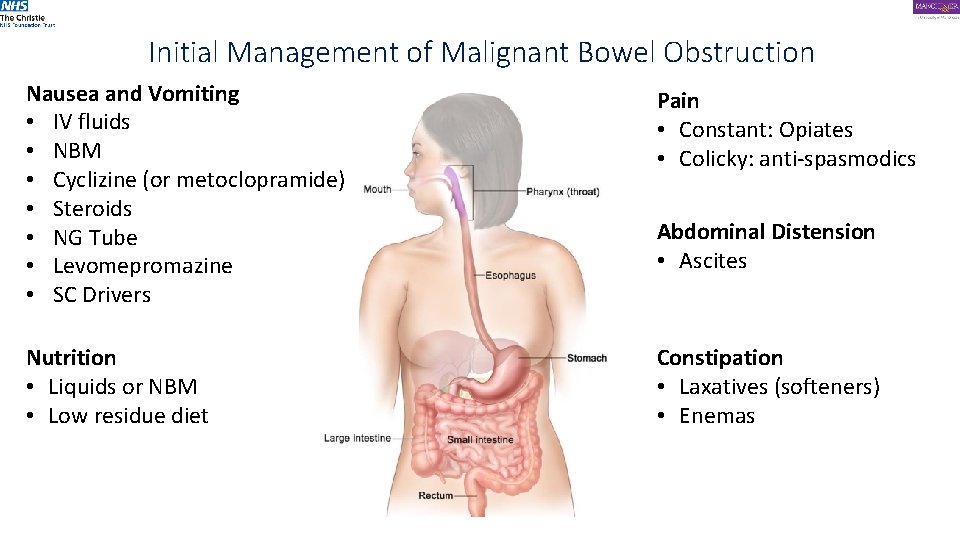 Initial Management of Malignant Bowel Obstruction Nausea and Vomiting • IV fluids • NBM