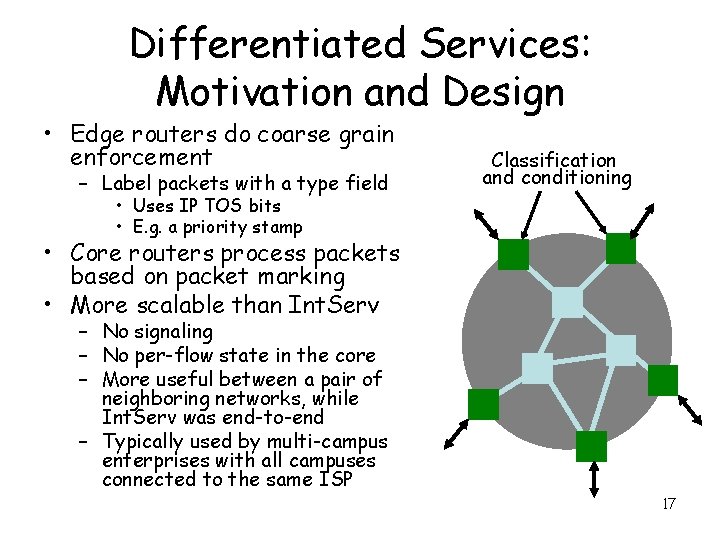 Differentiated Services: Motivation and Design • Edge routers do coarse grain enforcement – Label