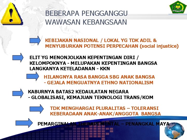 BEBERAPA PENGGANGGU WAWASAN KEBANGSAAN KEBIJAKAN NASIONAL / LOKAL YG TDK ADIL & MENYUBURKAN POTENSI