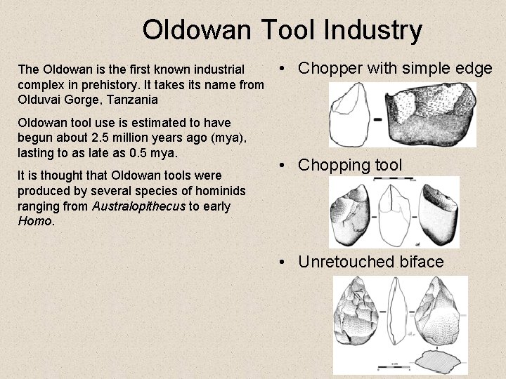 Oldowan Tool Industry The Oldowan is the first known industrial complex in prehistory. It
