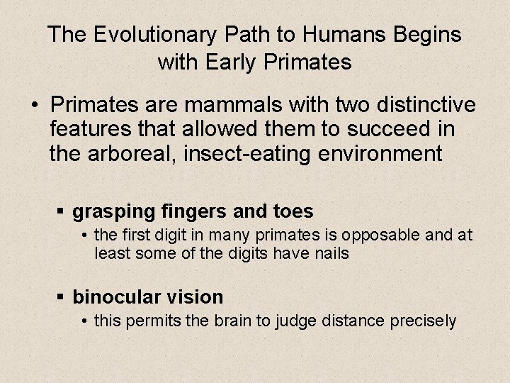 The Evolutionary Path to Humans Begins with Early Primates • Primates are mammals with