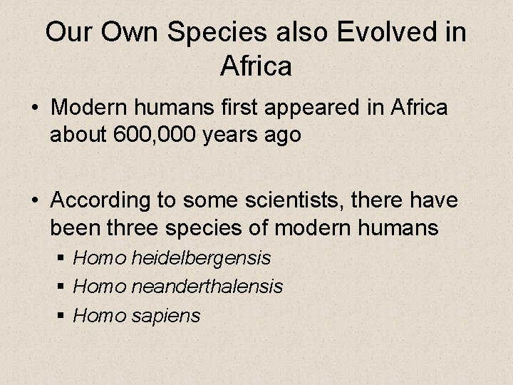 Our Own Species also Evolved in Africa • Modern humans first appeared in Africa