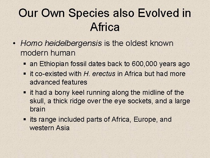 Our Own Species also Evolved in Africa • Homo heidelbergensis is the oldest known