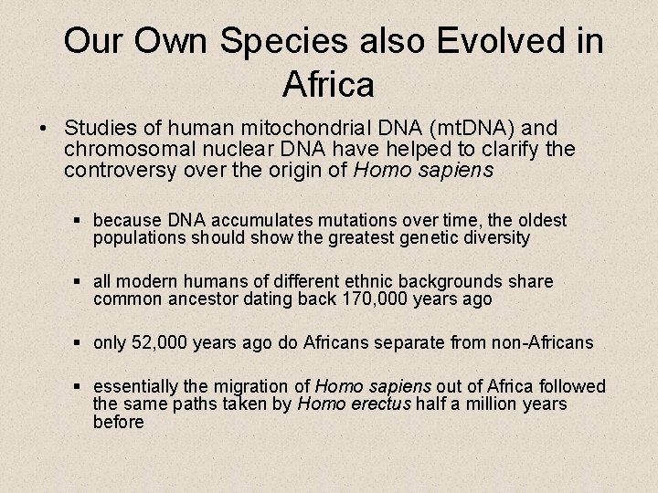 Our Own Species also Evolved in Africa • Studies of human mitochondrial DNA (mt.