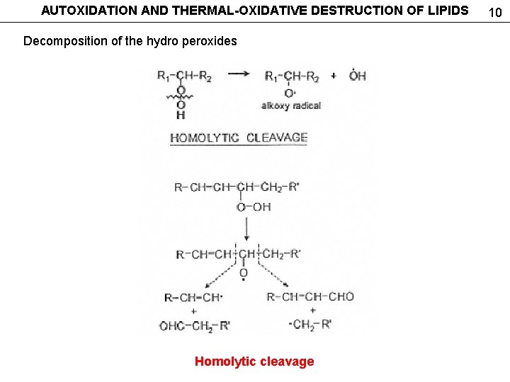 AUTOXIDATION AND THERMAL-OXIDATIVE DESTRUCTION OF LIPIDS Decomposition of the hydro peroxides Homolytic cleavage 10