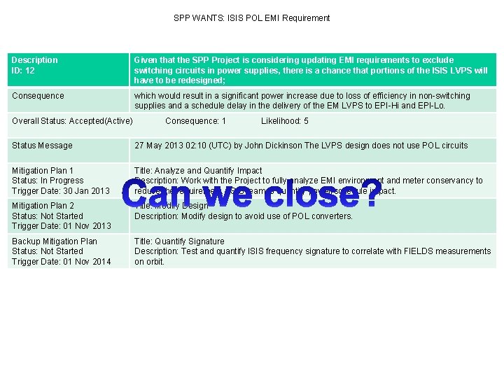 SPP WANTS: ISIS POL EMI Requirement Description ID: 12 Given that the SPP Project