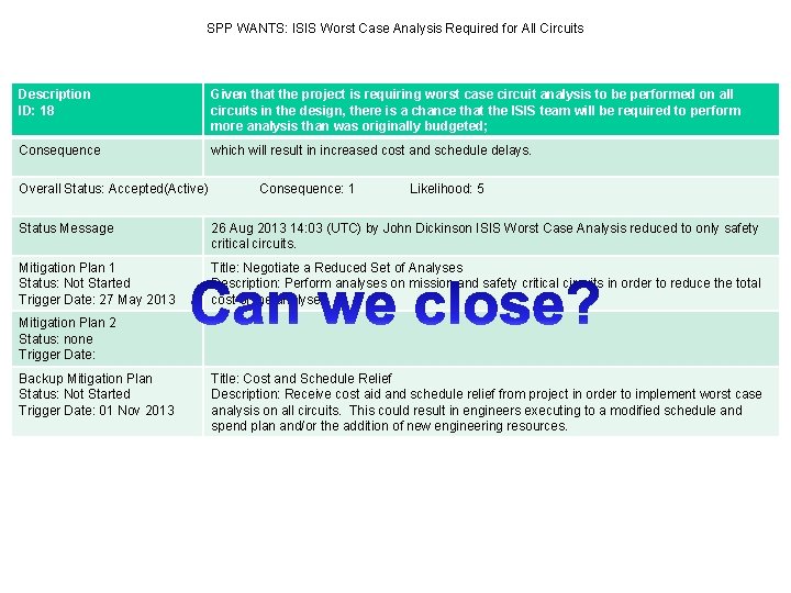 SPP WANTS: ISIS Worst Case Analysis Required for All Circuits Description ID: 18 Given