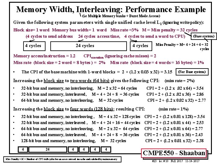 Memory Width, Interleaving: Performance Example (i. e Multiple Memory banks + Burst Mode Access)