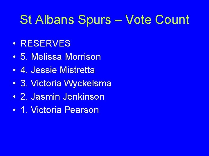 St Albans Spurs – Vote Count • • • RESERVES 5. Melissa Morrison 4.