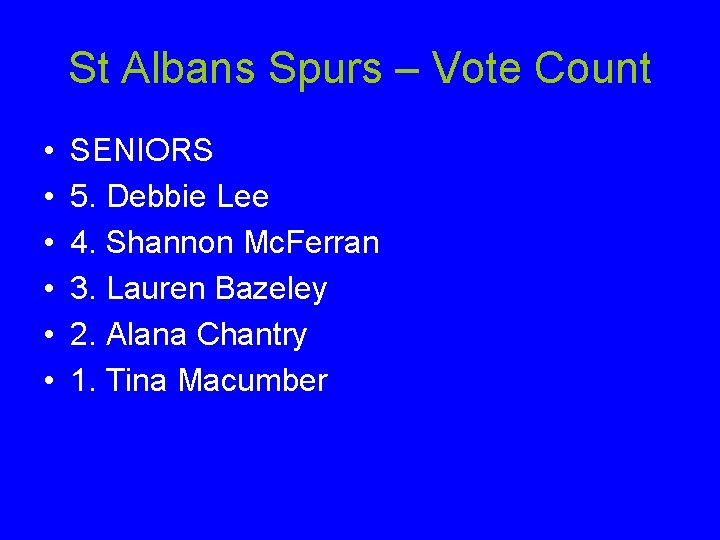 St Albans Spurs – Vote Count • • • SENIORS 5. Debbie Lee 4.