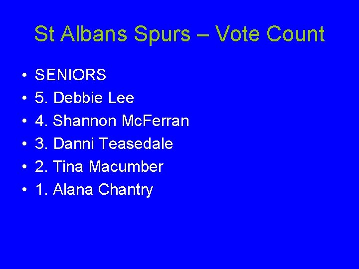 St Albans Spurs – Vote Count • • • SENIORS 5. Debbie Lee 4.
