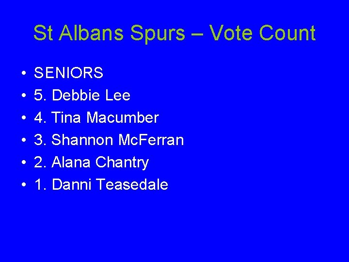 St Albans Spurs – Vote Count • • • SENIORS 5. Debbie Lee 4.