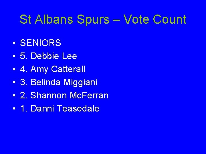 St Albans Spurs – Vote Count • • • SENIORS 5. Debbie Lee 4.