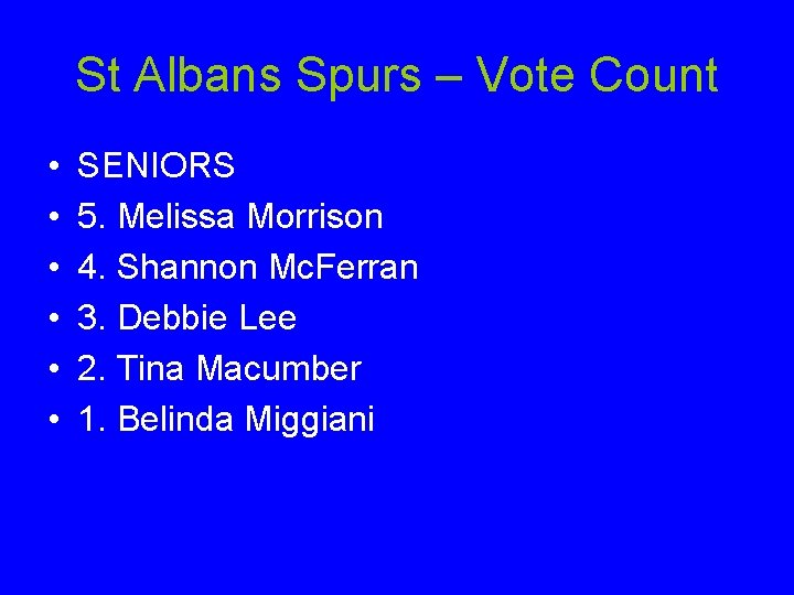 St Albans Spurs – Vote Count • • • SENIORS 5. Melissa Morrison 4.