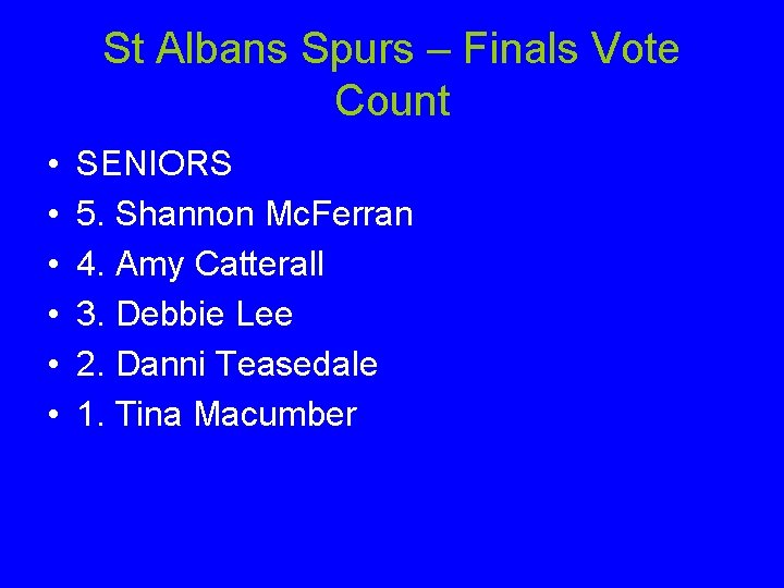St Albans Spurs – Finals Vote Count • • • SENIORS 5. Shannon Mc.