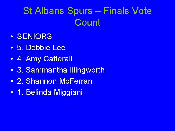 St Albans Spurs – Finals Vote Count • • • SENIORS 5. Debbie Lee