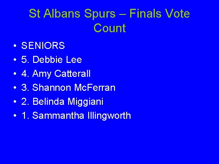 St Albans Spurs – Finals Vote Count • • • SENIORS 5. Debbie Lee