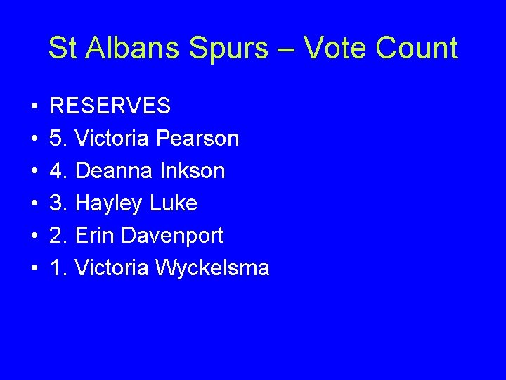 St Albans Spurs – Vote Count • • • RESERVES 5. Victoria Pearson 4.