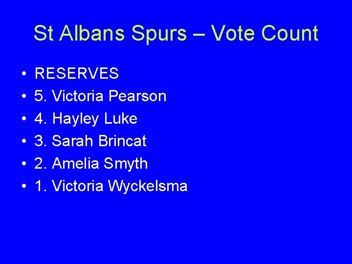 St Albans Spurs – Vote Count • • • RESERVES 5. Victoria Pearson 4.